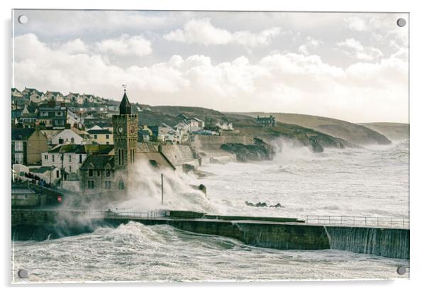 crashing storm waves,porthleven Acrylic by kathy white