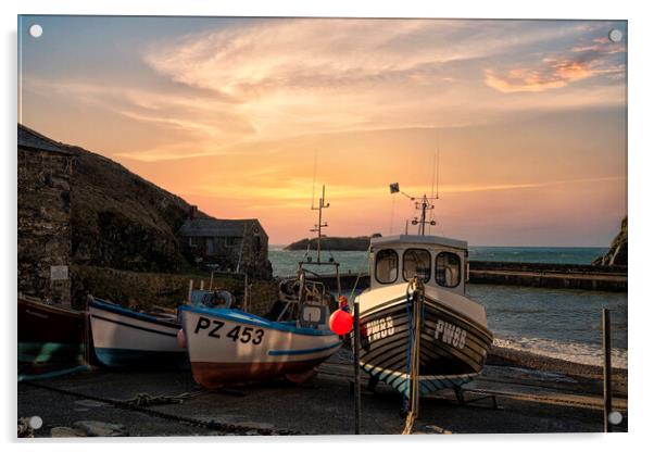  Mullion cornwall sunset,with fishing boats Acrylic by kathy white