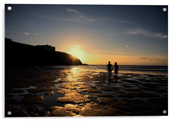 Poldhu  sunset,beach walking Acrylic by kathy white