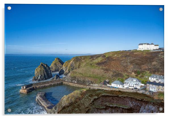  Mullion cornwall Harbour, lovely blue sky Acrylic by kathy white