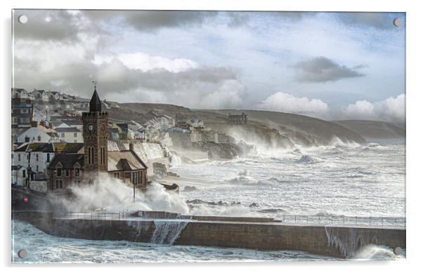Porthleven Harbour Cornwall storm force Acrylic by kathy white