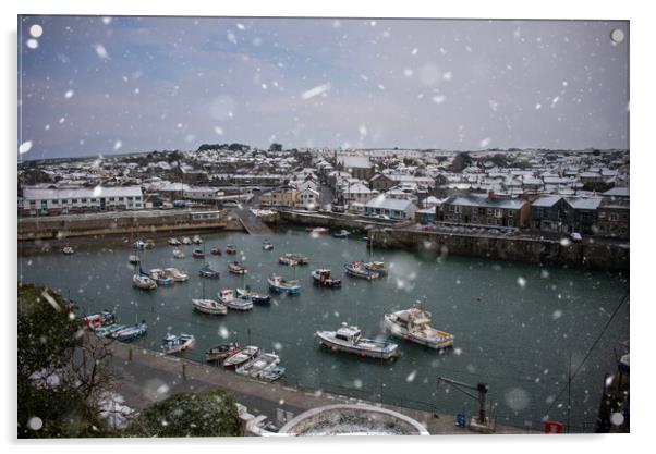 Porthleven Cornwall in the snow  Acrylic by kathy white