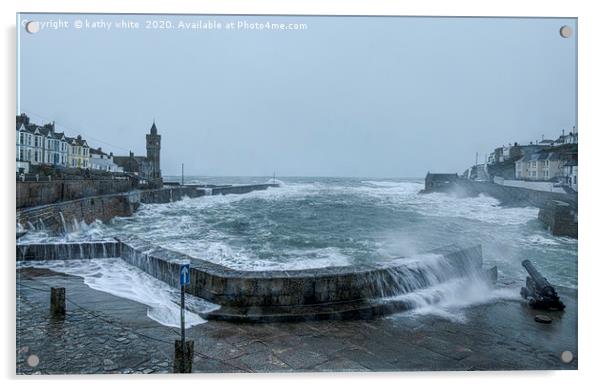 Porthleven Cornwall on a stormy day Acrylic by kathy white