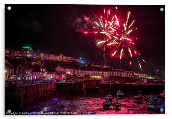 Porthleven  Cornwall red Christmas fireworks Acrylic by kathy white