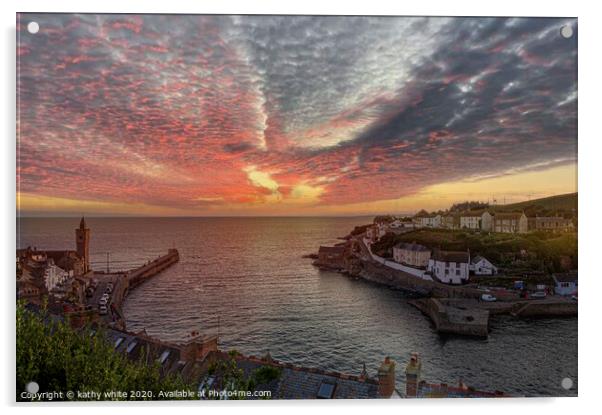 Porthleven Cornwall Sunset, with clock tower,Sunse Acrylic by kathy white