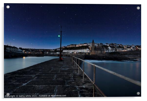Porthleven Harbour Cornwall at night Acrylic by kathy white