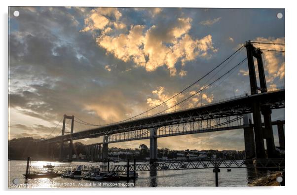 Tamar suspension bridge at sunset Acrylic by kathy white