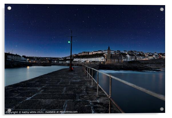Porthleven Harbour Cornwall with stars  Acrylic by kathy white