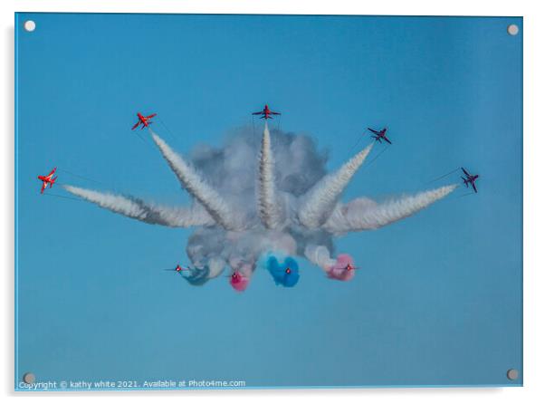 Red arrows, in a cornish sky,smoke trails,  Acrylic by kathy white
