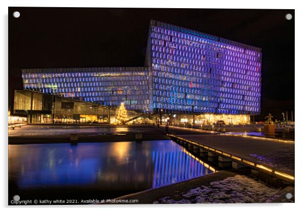 Harpa Concert Hall at night Acrylic by kathy white