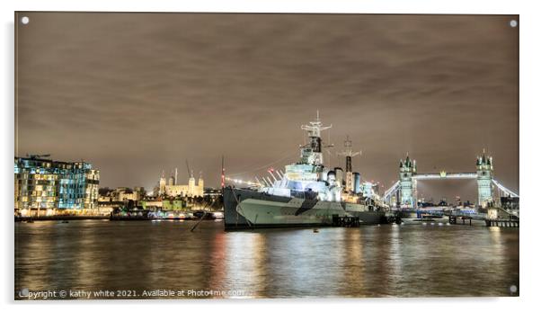 The HMS Belfast and Tower Bridge on the Thames. Acrylic by kathy white