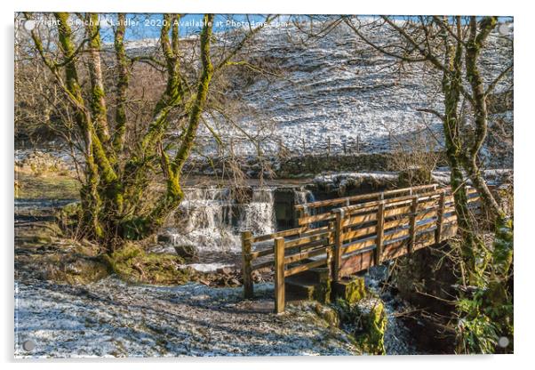 Ettersgill Beck Waterfall and Footbridge in Winter Acrylic by Richard Laidler