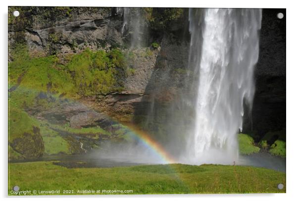 Rainbow in front of Seljalandsfoss waterfall in Iceland Acrylic by Lensw0rld 