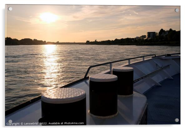 Sunset over water seen from a boat on the Rhine river  Acrylic by Lensw0rld 