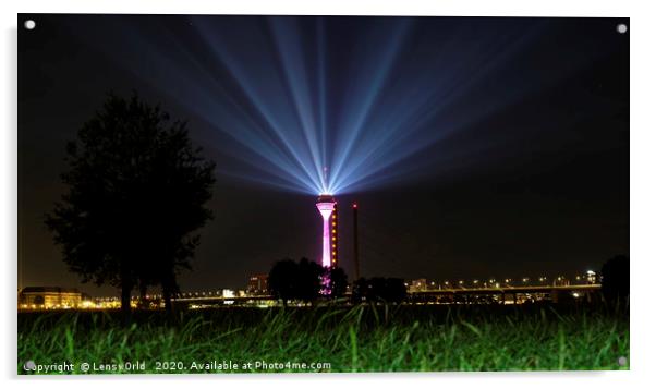 Light show from Düsseldorf's "Rheinturm" at night Acrylic by Lensw0rld 