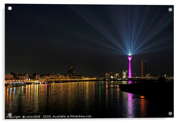 Light show from Düsseldorf's "Rheinturm" at night Acrylic by Lensw0rld 