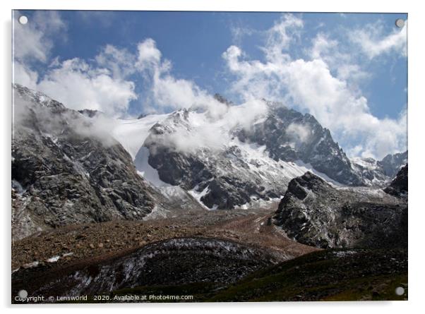 Clouds float around the mountains near Almaty, Kaz Acrylic by Lensw0rld 