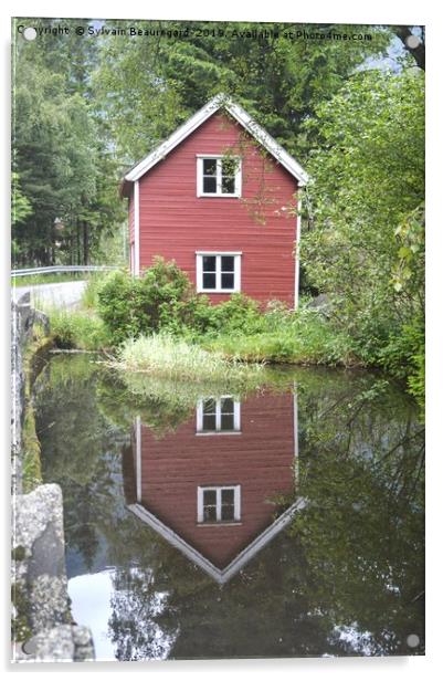Reflection of a little red house Acrylic by Sylvain Beauregard