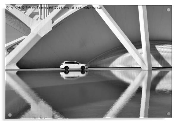 Car and architecture reflection, bw Acrylic by Sylvain Beauregard