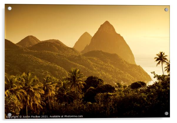 The Pitons at sunset, St Lucia, Windward Islands, Caribbean Acrylic by Justin Foulkes