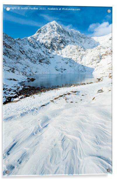 Winter view of Glaslyn, beneath Snowdon Acrylic by Justin Foulkes