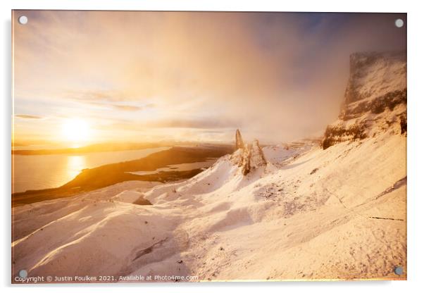 Winter view of The Old Man of Storr at sunrise Acrylic by Justin Foulkes