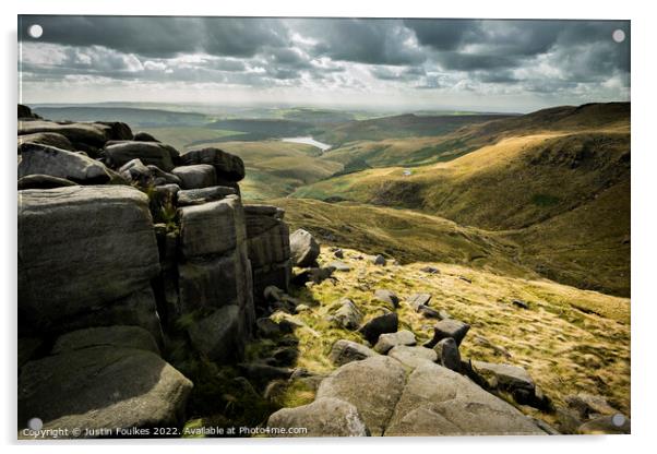 Kinder reservoir from Kinder Scout, Peak District  Acrylic by Justin Foulkes