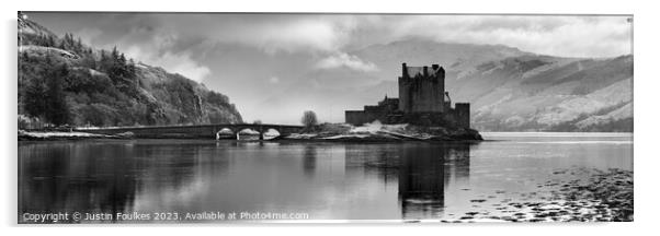 Eilean Donan Castle Black and White Panorama Acrylic by Justin Foulkes