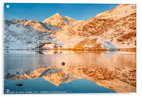 Snowdon and Lyn Lydaw in winter, sunrise, Wales Acrylic by Justin Foulkes