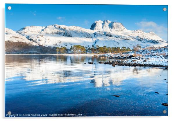 Slioch reflected in the waters of Loch Maree Acrylic by Justin Foulkes