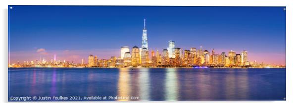 Lower Manhattan skyline at night, from New Jersey Acrylic by Justin Foulkes