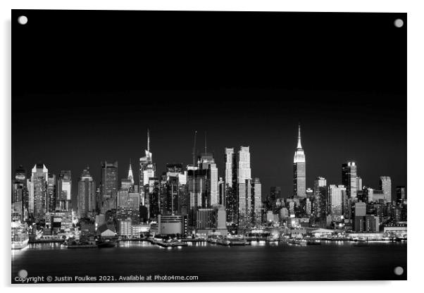 West Side skyline at night, New York  Acrylic by Justin Foulkes