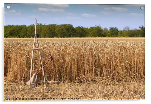 wheat field with old wooden rake Acrylic by goce risteski