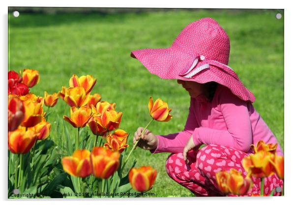 little girl smell tulip flower spring scene Acrylic by goce risteski