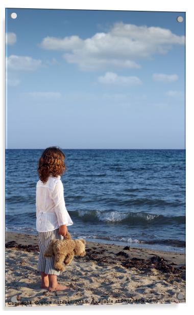 little girl with teddy bear on beach summer season Acrylic by goce risteski