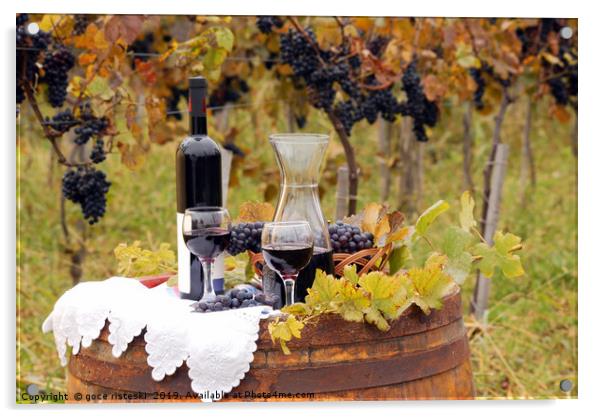 red wine and grape on wooden barrel Acrylic by goce risteski