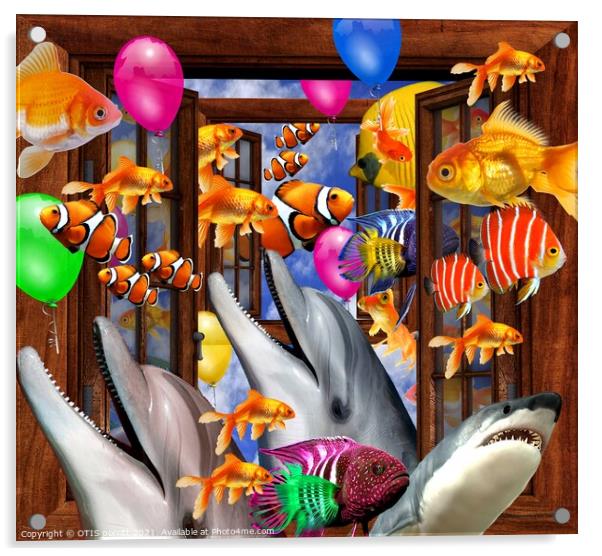 OUTSIDE THE WINDOW-SWIMMING WITH FISHES Acrylic by OTIS PORRITT
