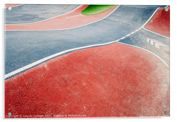 Detail of the asphalt and the white lines of a pumptrack circuit Acrylic by Joaquin Corbalan