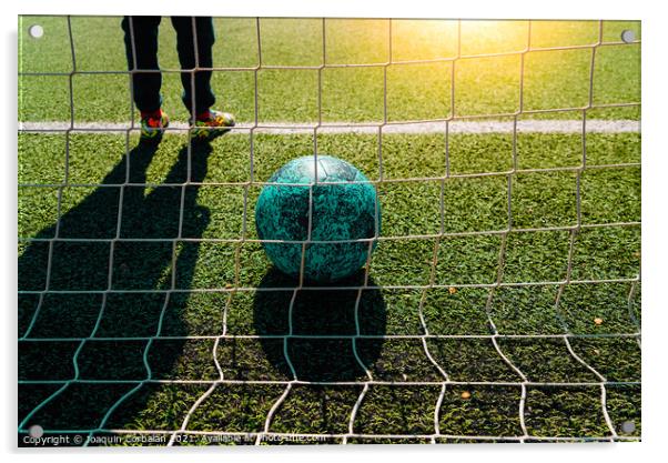 Soccer ball entering a goal defended by a goalkeeper, copy space Acrylic by Joaquin Corbalan