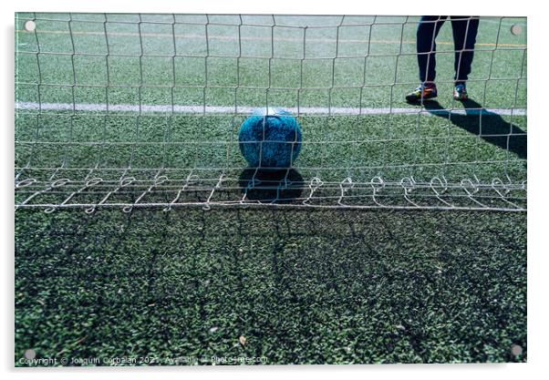 Soccer player in a goal tries to stop a ball, background with co Acrylic by Joaquin Corbalan