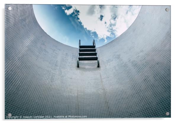 Sparse staircase of an empty pool, seen from below, minimalist t Acrylic by Joaquin Corbalan