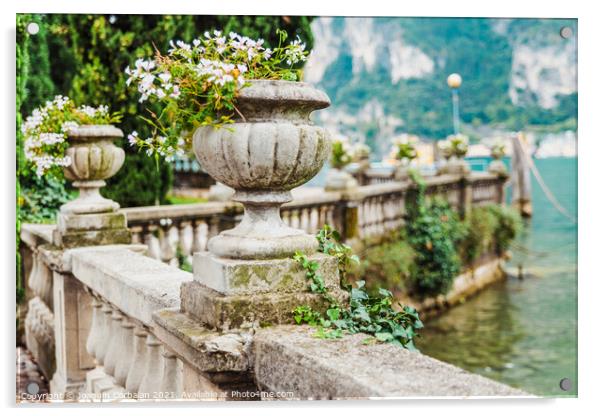 Elegant flower pots decorate the classic stone railing on a roma Acrylic by Joaquin Corbalan