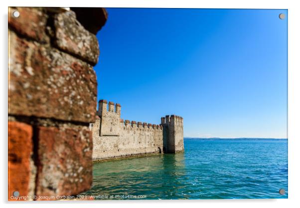 Facade of the castle of Sirmione surrounded by water. Acrylic by Joaquin Corbalan