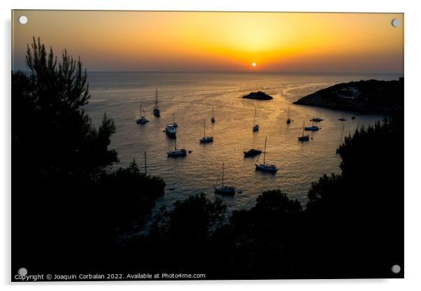  Several pleasure boats anchored in a cove on the island of Ibiz Acrylic by Joaquin Corbalan