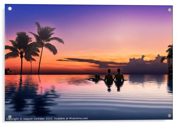 Illustration of a couple watching the tropical sunset in an infi Acrylic by Joaquin Corbalan