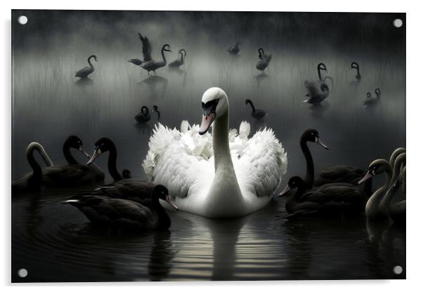 Illustration of a white swan with black ones, conc Acrylic by Joaquin Corbalan