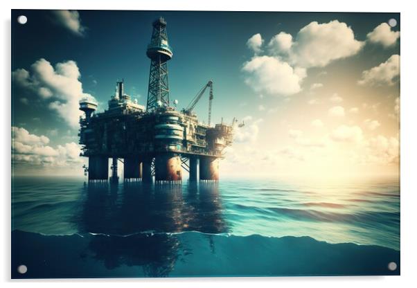 Illustration of obsolete offshore oil platform, conceptual drawi Acrylic by Joaquin Corbalan