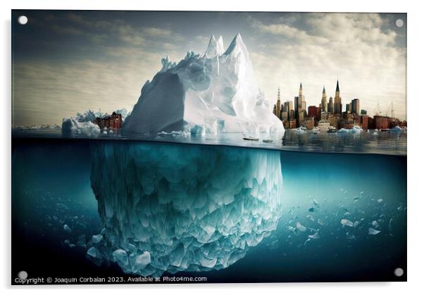 Illustration of an iceberg reaching a city, concep Acrylic by Joaquin Corbalan