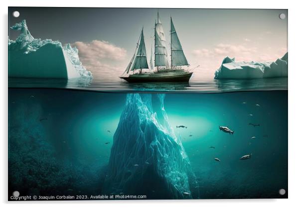 Pictorial illustration, a ship sails around an ice Acrylic by Joaquin Corbalan