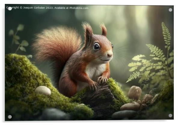 Squirrel on a branch in a spring forest, looking a Acrylic by Joaquin Corbalan